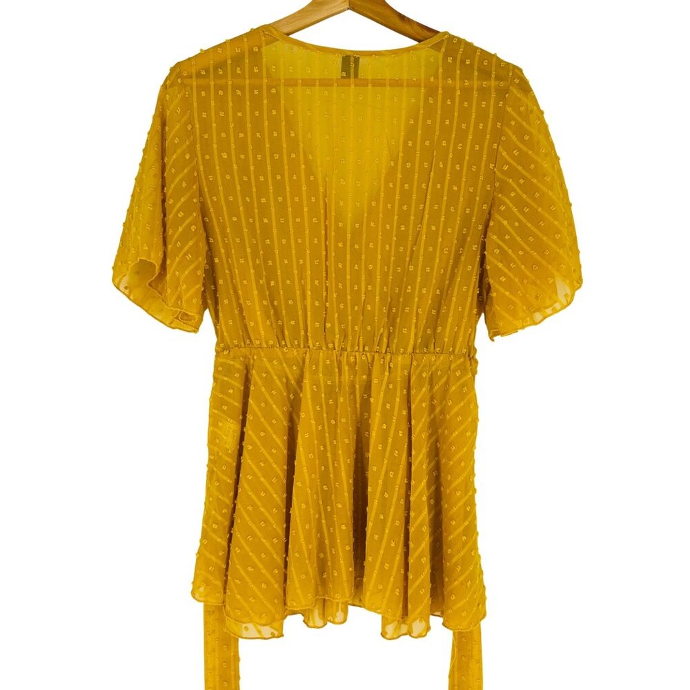 SHEIN Mustard Yellow Surplice Neck Flutter Sleeve Tie Waist Dot Textured Top M/6 - Picture 5 of 9